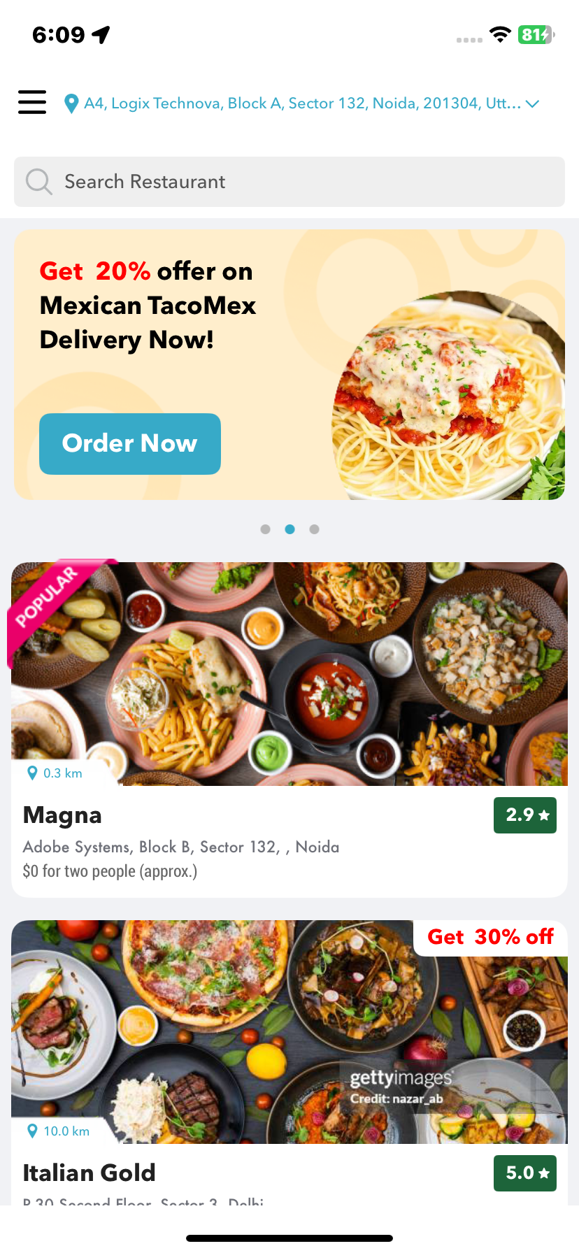 MasalaDish customer app – restaurant listing screen