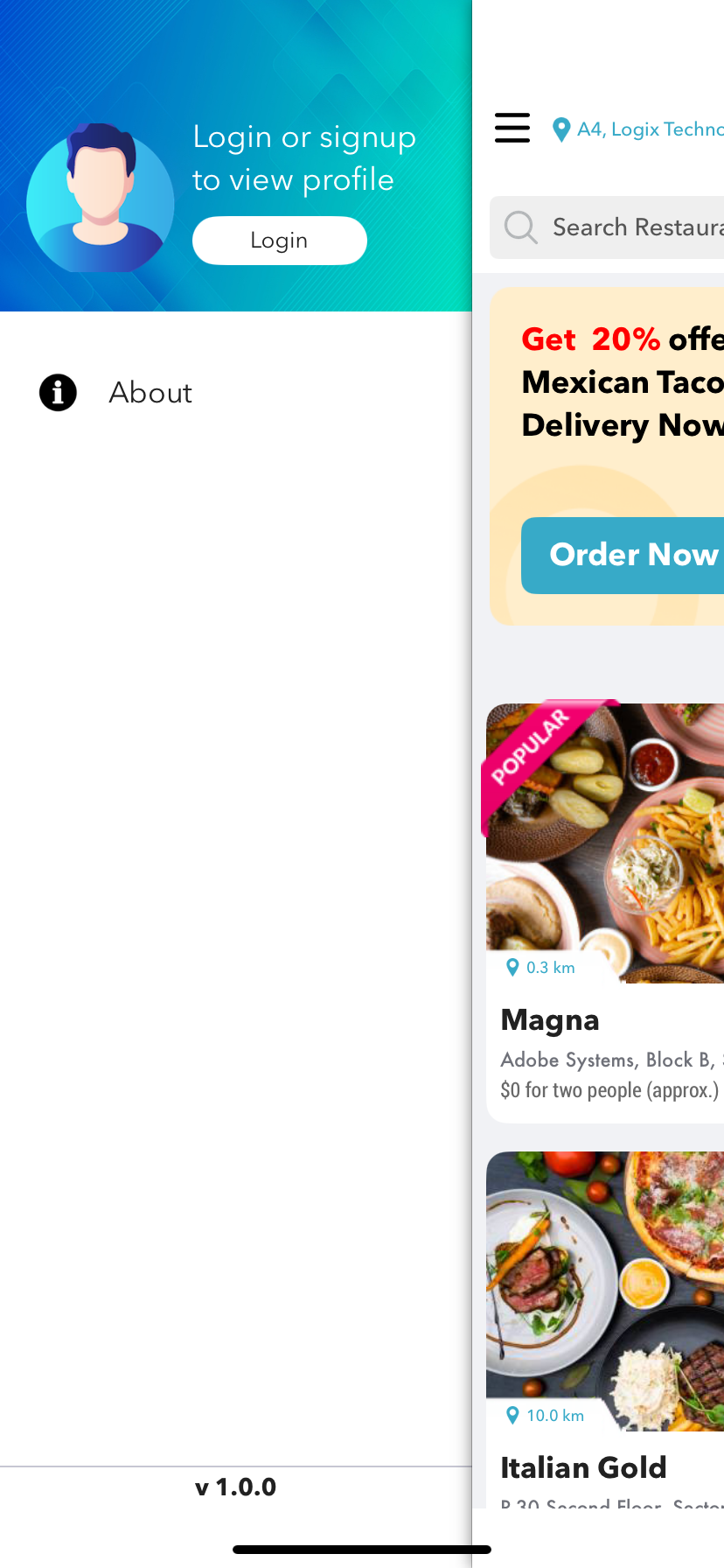 Customer app – restaurant home screen