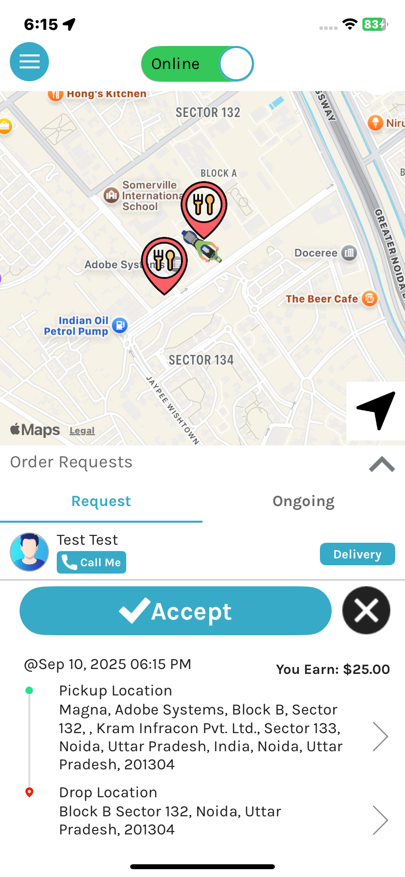 Driver app – map and order request screen